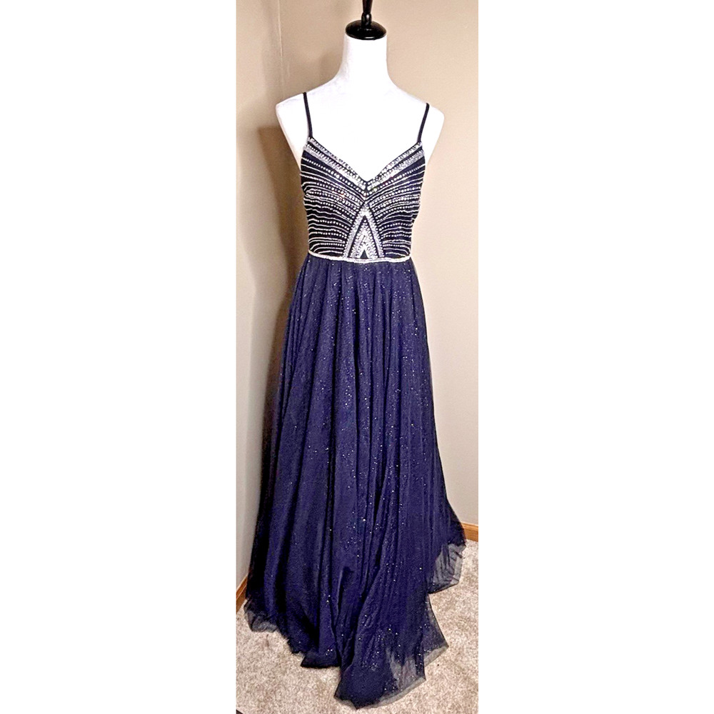 Say Yes to Prom Navy Blue Beaded Sequin Gown Long Glitter Tulle Formal Dress 9